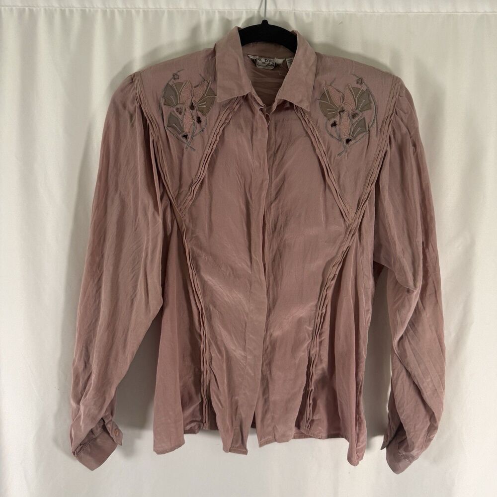 Marc D'alcy Silk Blouse Women's 6 Pink Floral Shoulder Pads Button Up